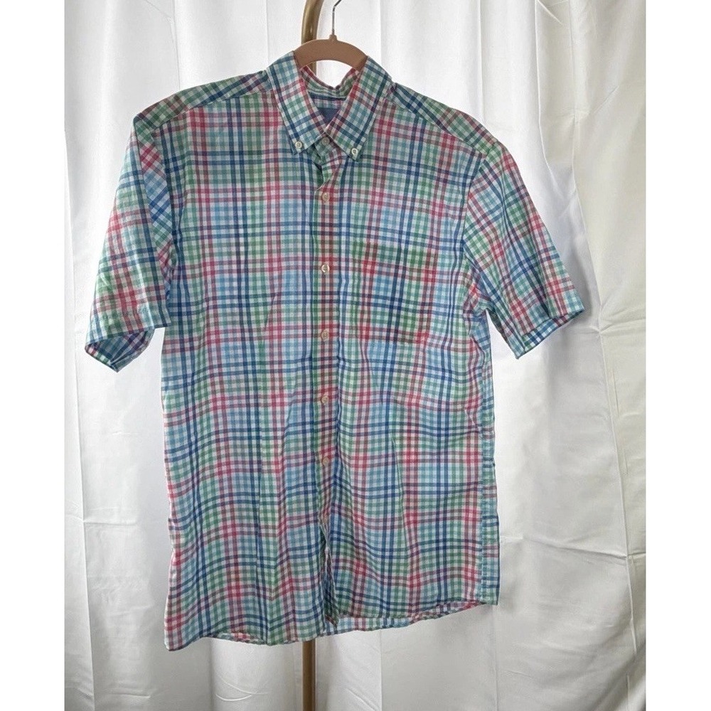 Saddlebred Wrinkle Free Mens Checked Short Sleeve‎ Shirt Sz M Button Down Collar